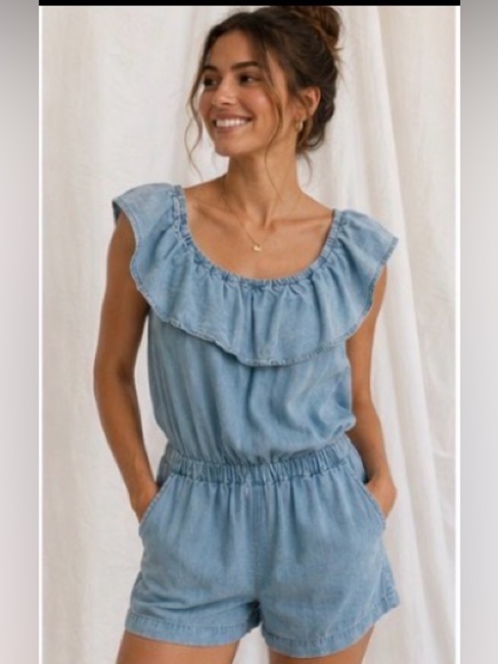 Splendid Light Blue Ruffle-Neck Tank Top
